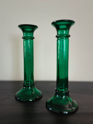 Vintage Emerald Glass Candlestick Holders