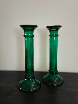 Vintage Emerald Glass Candlestick Holders