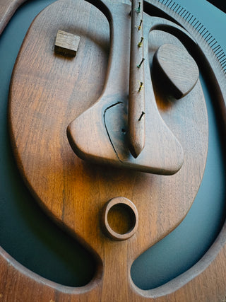Mid-Century Modern Carved Teak Wall Mask | Abstract Sculptural Face with Brass Nail Border, 1960s–70s