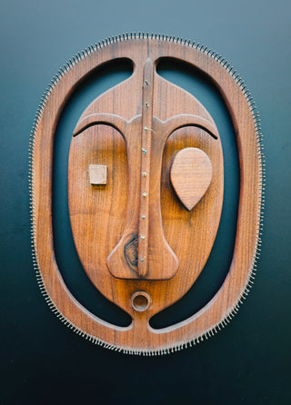 Mid-Century Modern Carved Teak Wall Mask | Abstract Sculptural Face with Brass Nail Border, 1960s–70s