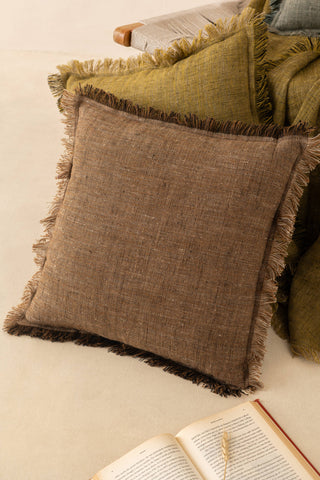 Fringed Linen Cushion Cover | Brown