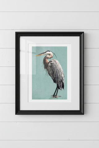Illustration of a heron on a light blue background