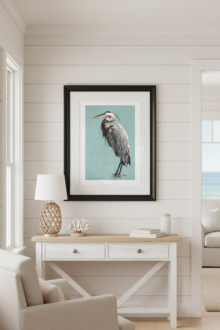 Illustration of a heron on a light blue background