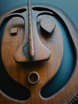 Mid-Century Modern Carved Teak Wall Mask | Abstract Sculptural Face with Brass Nail Border, 1960s–70s