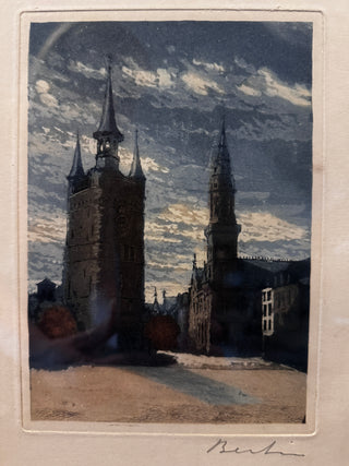 Gothic Revival Etching of Prague, Signed