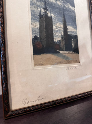 Gothic Revival Etching of Prague, Signed