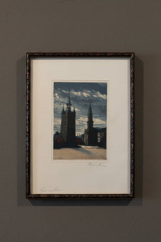 Gothic Revival Etching of Prague, Signed
