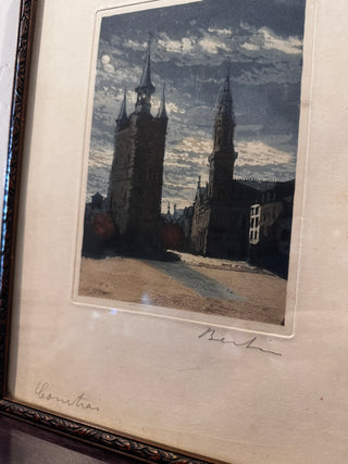 Gothic Revival Etching of Prague, Signed
