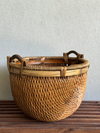 Vintage Chinese Woven Rice Basket with Handles