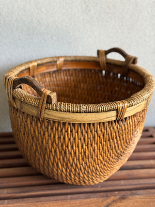 Vintage Chinese Woven Rice Basket with Handles