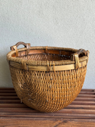 Vintage Chinese Woven Rice Basket with Handles