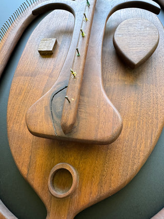 Mid-Century Modern Carved Teak Wall Mask | Abstract Sculptural Face with Brass Nail Border, 1960s–70s