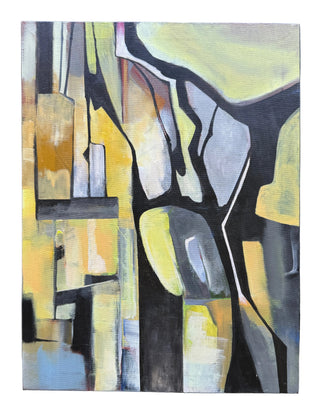 An abstract canvas painting featuring geometric shapes and organic forms in yellow, gray, black, white, and light blue, displayed on a dark surface with shoes visible at the bottom edge.