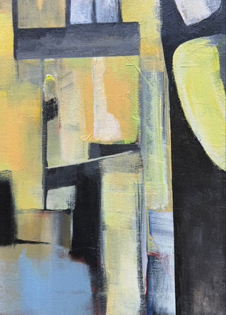 An abstract geometric painting on canvas featuring blocks and curves in yellow, black, gray, white, and light blue.