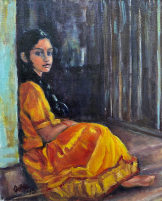 An oil painting of a young girl with dark hair sitting on a wooden floor, wearing a bright yellow and orange sari against a dark, shadowed background.