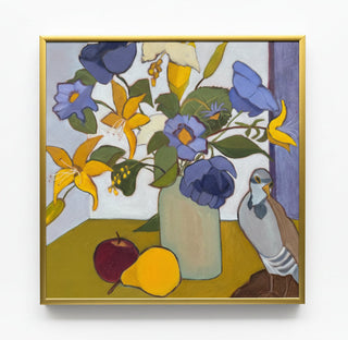 A framed still life painting featuring blue flowers in a vase with yellow lilies, green leaves, an apple, a pear, and a pigeon, displayed against a neutral gray background.