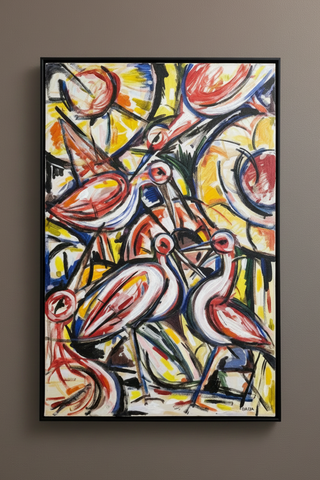 Abstract painting of birds with a black frame on a brown wall