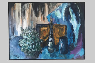 Abstract painting with a bottle, vase, and plant on a table