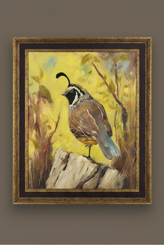 Framed painting of a bird on a yellow background hanging on a beige wall.