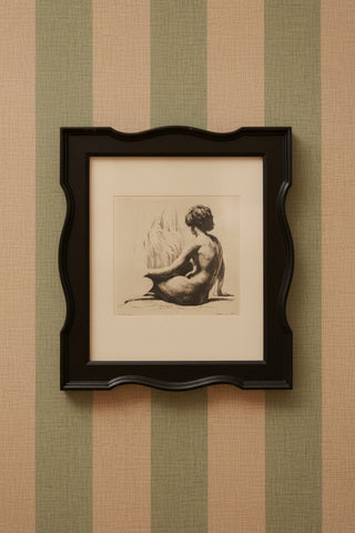 Sketch of a nude figure sitting on a textured beige background